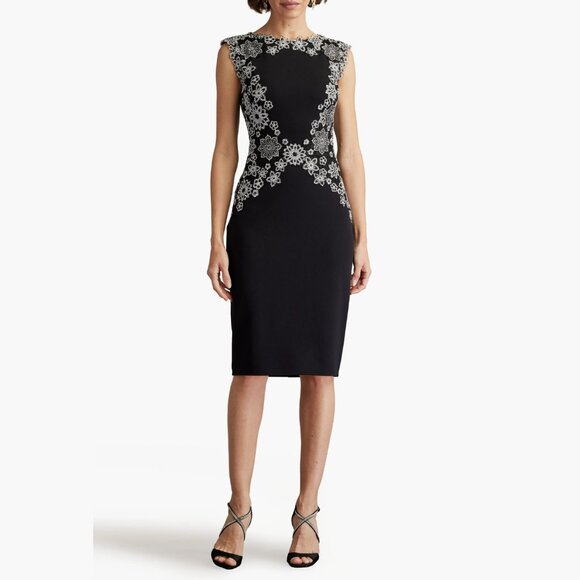 TADASHI SHOJI Kiran Floral Embroidered Cocktail Dress, Black/Ivory, Size 14, NWT - Picture 1 of 14